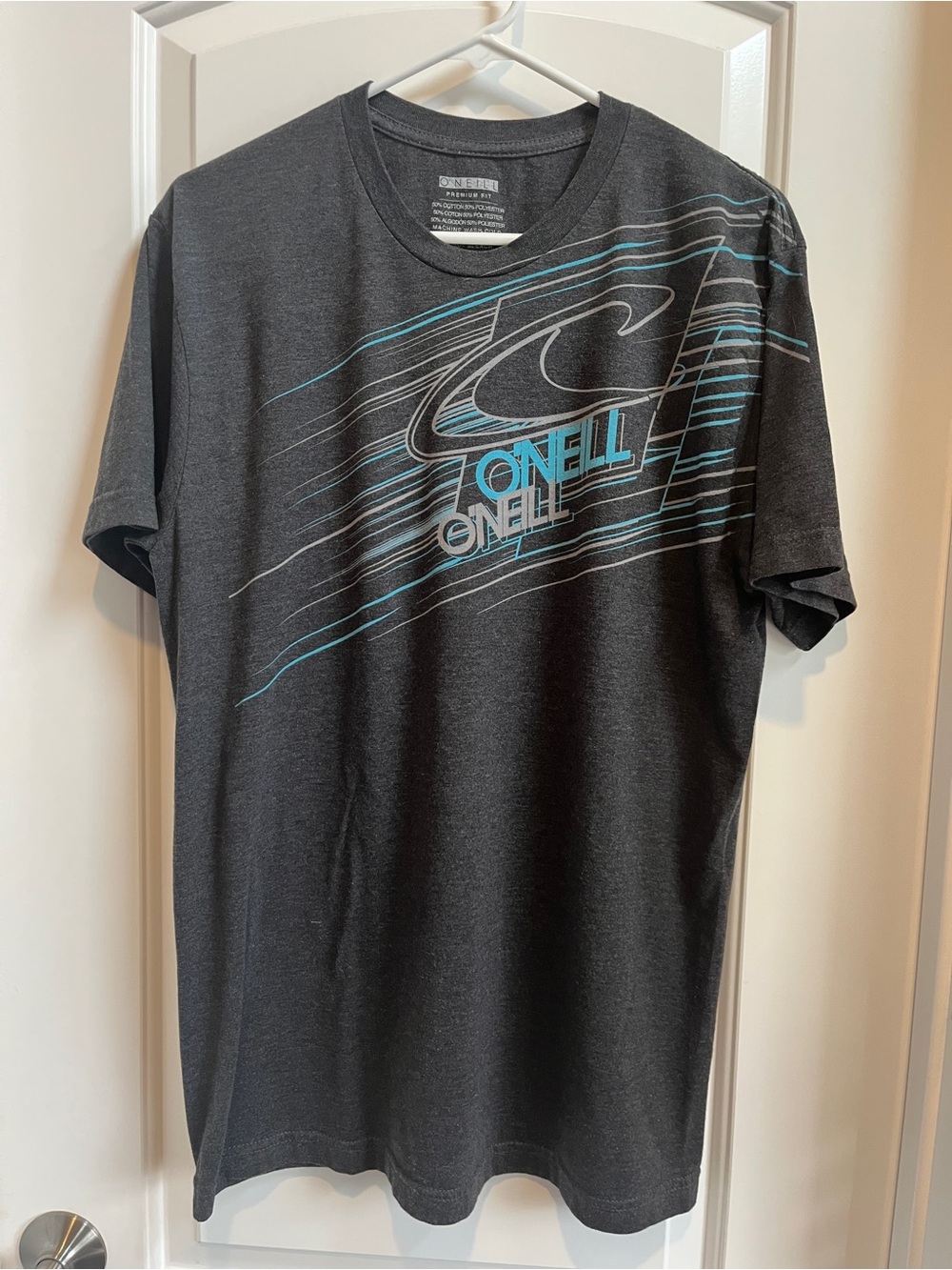 O'Neill Premium Fit Men's Graphic Tee Size L Grey Teal Stripe Surf Logo